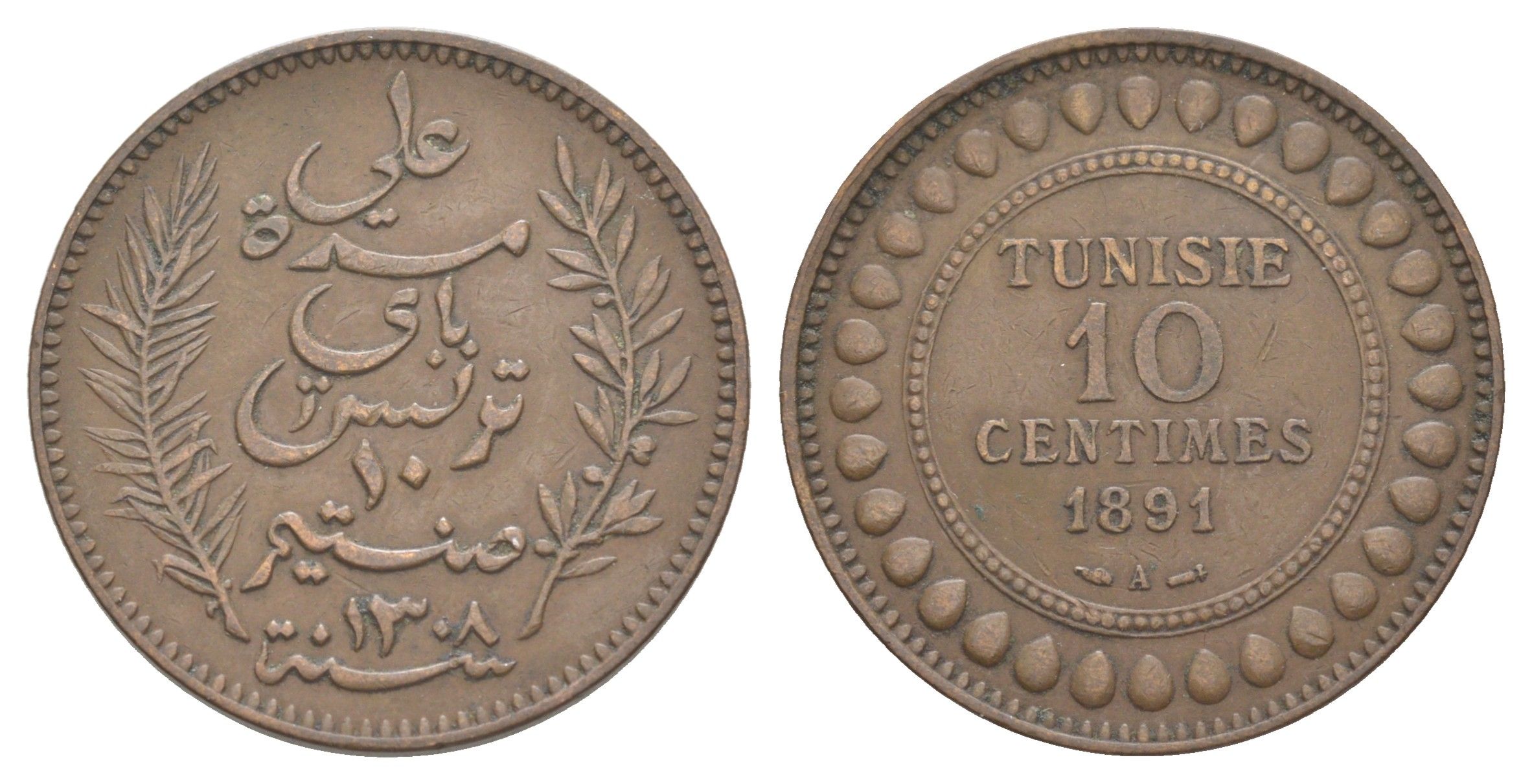 Тунис 10 сантимов 1891 A KM 222 бронза 4634-841