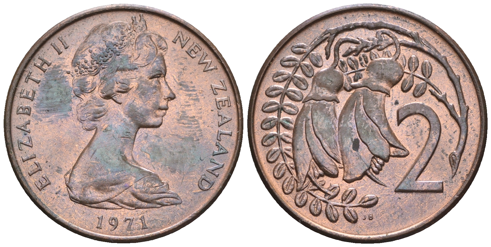 Новая Зеландия 2 цента 1971 Елизавета II (1952-2022), два цветка каухаи KM 32.1 бронза  UNC  4176-657