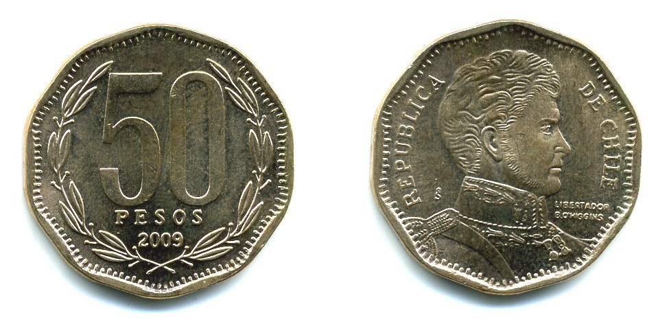 Чили 50 песо 2009 Бернардо О’Хиггинс KM 219.2 алюминиевая бронза 35-636