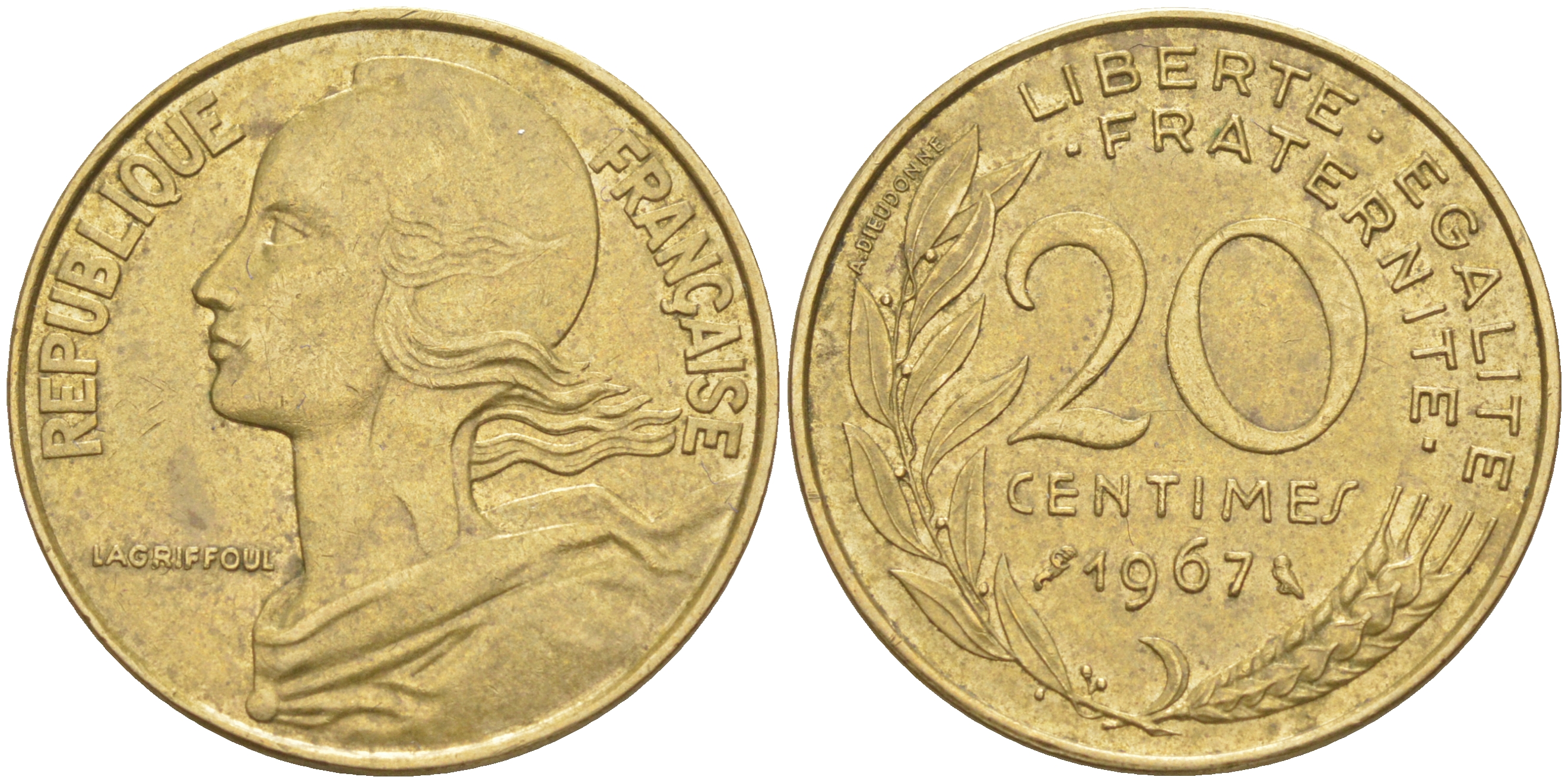 Франция 20 сантимов 1967 ТИП MARIANNE KM 930, LE FRANC 156.7 медь алюминий никель 4610-713