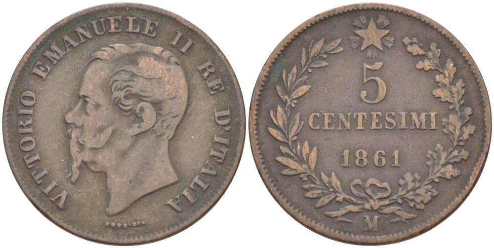 ИТАЛИЯ 5 ЧЕНТЕЗИМО 1861 М, МОНДВОР МИЛАН, ВИКТОР ЭММАНУИЛ II (1861-1878) KM 3.2 медь 4182-1244