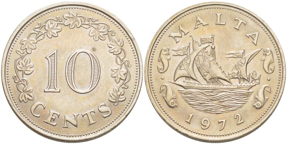 Мальта 10 центов 1972 баржа Великого магистра KM 11 медно-никель 4521-1132