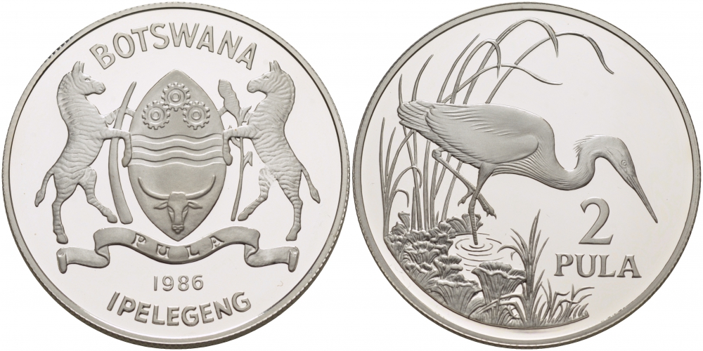 Ботсвана 2 пула 1986 серия защита окружающей среды, тихоокеанская белая цапля, тираж 25000 экз. KM 18 серебро PROOF 01-147-21