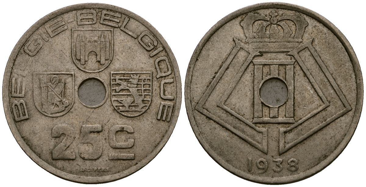 Бельгия 25 сантимов 1938 Belgie - Belgique KM 115 никель латунь 4117-724