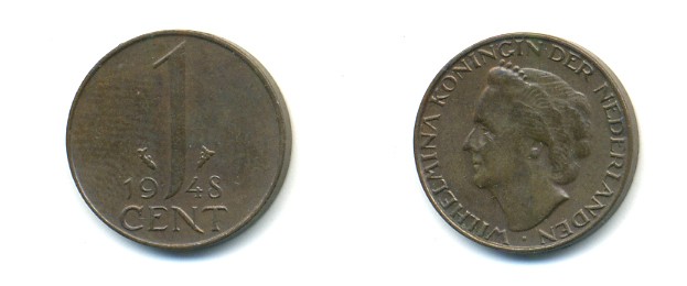 Нидерланды 1 цент 1948 Вильгельмина (1890-1948), год тип KM 175 бронза 80-946