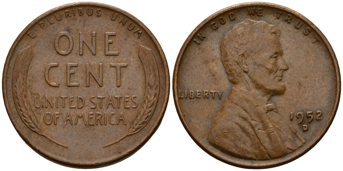 США 1 цент 1952 D, Авраам Линкольн KM A132 латунь 4121-837