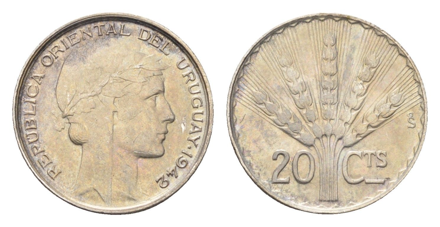 Уругвай 20 сентесимо 1942 год-тип KM 29 серебро 4668-1037
