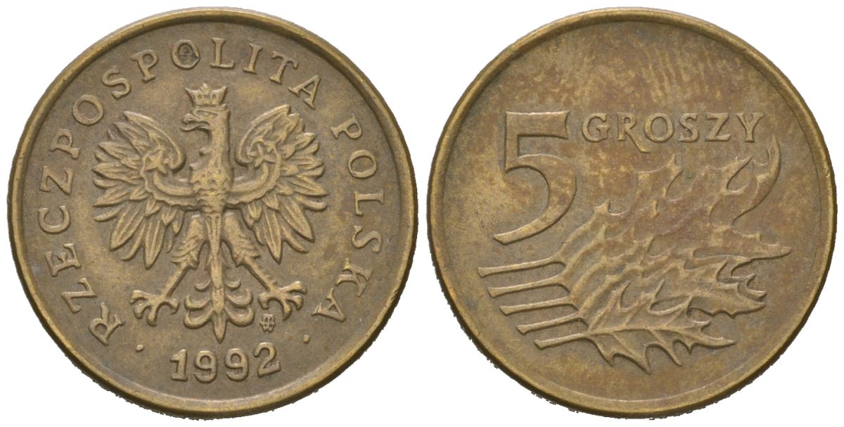 Польша 5 грошей 1992 KM 278 латунь 4549-834