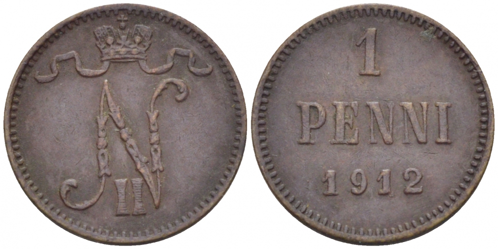 Россия для Финляндии 1 пенни 1912 Николай II (1894-1917) KM 13, Биткин 472 медь 4396-1363