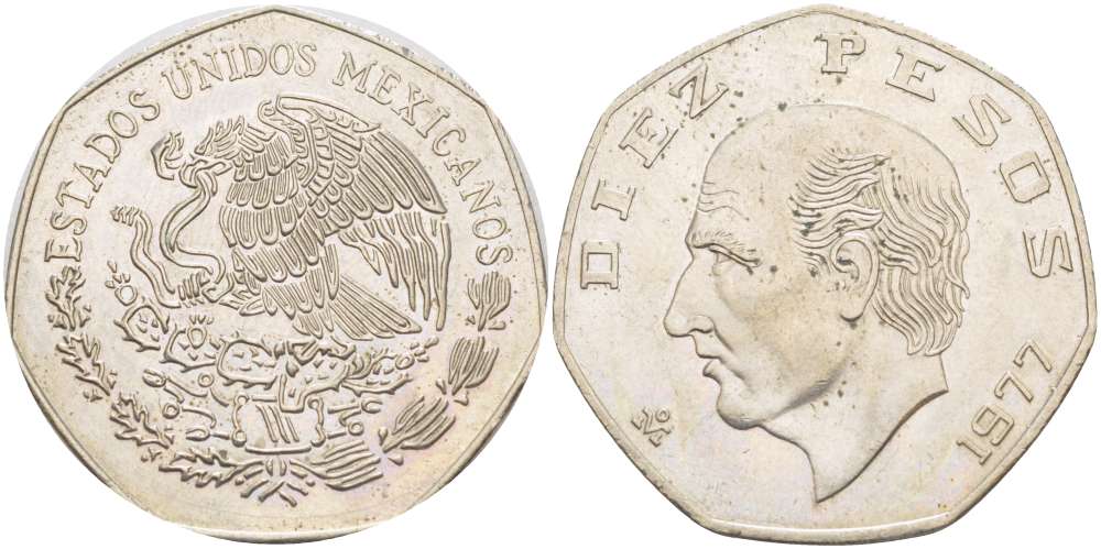МЕКСИКА 10 ПЕСО 1977 МАНУЭЛЬ ХИДАЛЬГО КАСТИЛЬЯ KM 477.1 медно-никель 4521-223