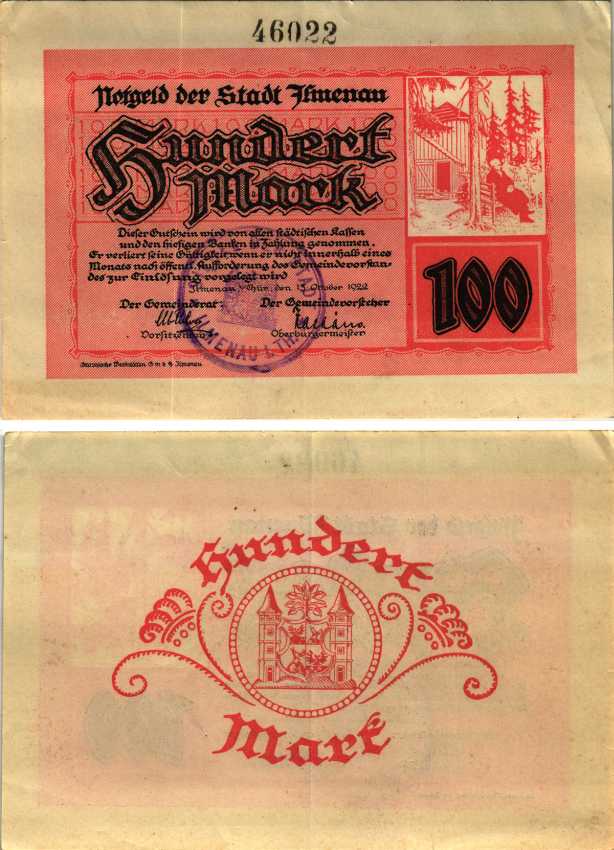 ИЛЬМЕНАУ 100 МАРОК 1922 НОТГЕЛЬД, 13 ОКТЯБРЯ 1922, ЗЕМЛЯ ТЮРИНГИЯ, НОМЕР 5 ММ., ДВУСТОРОННЯЯ Muller 2190.1b бумага 6300-35-1-2