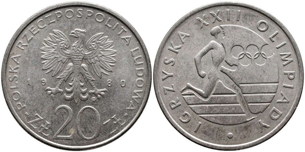 Польша 20 злотых 1980 MW, XXII летние Олимпийские Игры, Москва 1980, бегун KM 108, Parchimowicz 252 медно-никель UNC 441-921