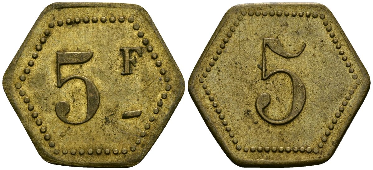 Франция 5 франков XIX-XX век ресторанный жетон латунь 4166-1014