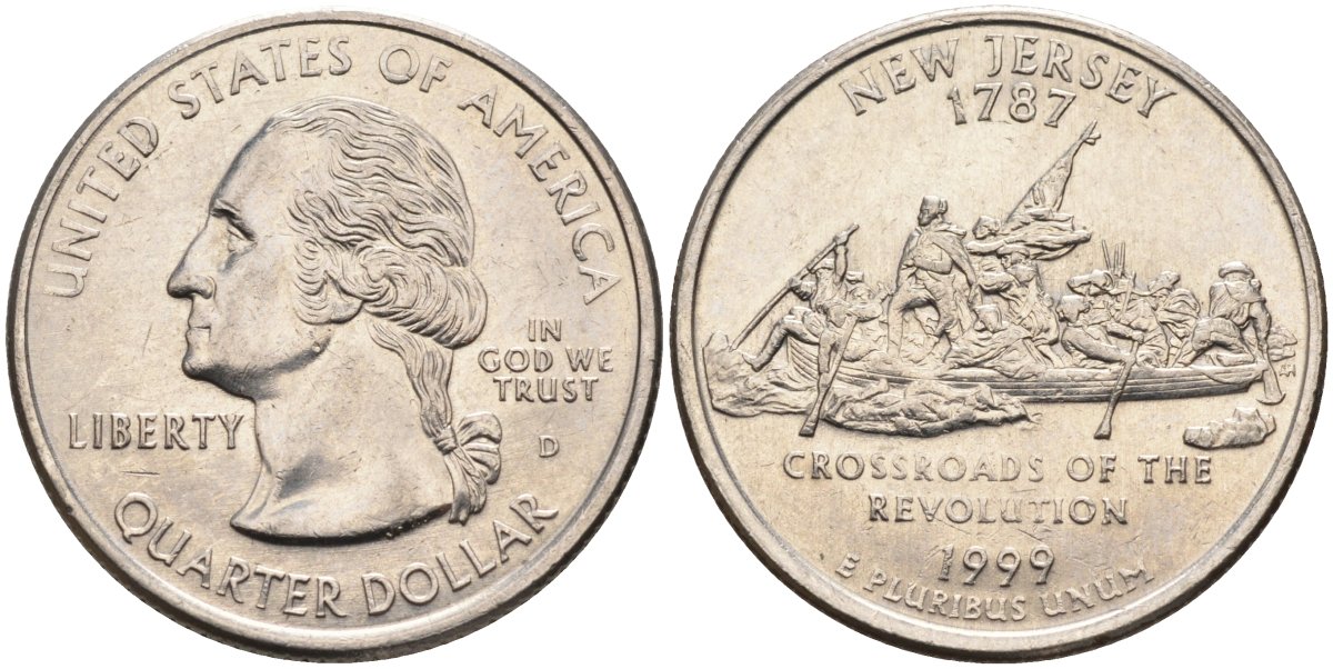 США 25 центов = квотер 1999 D, серия штаты США, Нью-Джерси KM 295 медь плакированная медно-никелем 4586-112