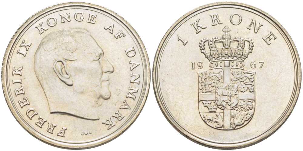ДАНИЯ 1 КРОНА 1967 C;S, ФРЕДЕРИК IX (1947-1972) KM 851.1 медно-никель 202-815
