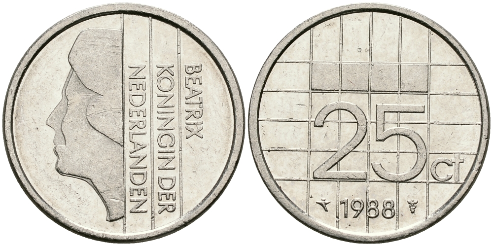 НИДЕРЛАНДЫ 25 ЦЕНТОВ 1988 БЕАТРИКС KM 204 никель 96-319