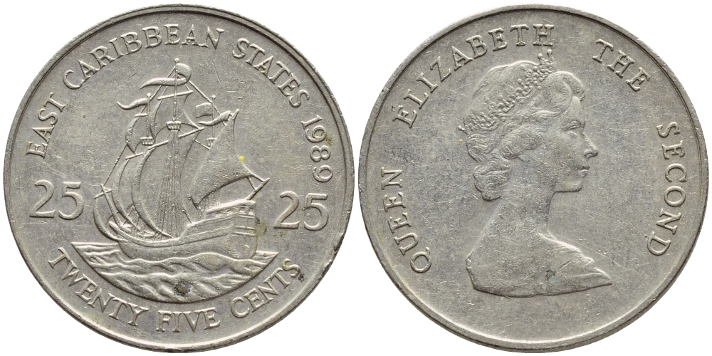 Восточно-Карибские штаты 25 центов 1989 Елизавета II (1952-2022), парусник KM 14 медно-никель 85-233