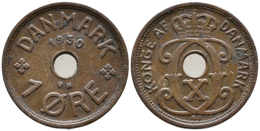 ДАНИЯ 1 ЭРЕ 1930 N; GJ, КРИСТИАН X (1912-1947) KM 826.2 бронза 100-642