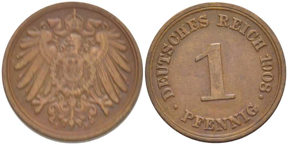 ГЕРМАНИЯ 1 ПФЕННИГ 1908 E KM 10, J. 10, Weege 2 медь 211-366