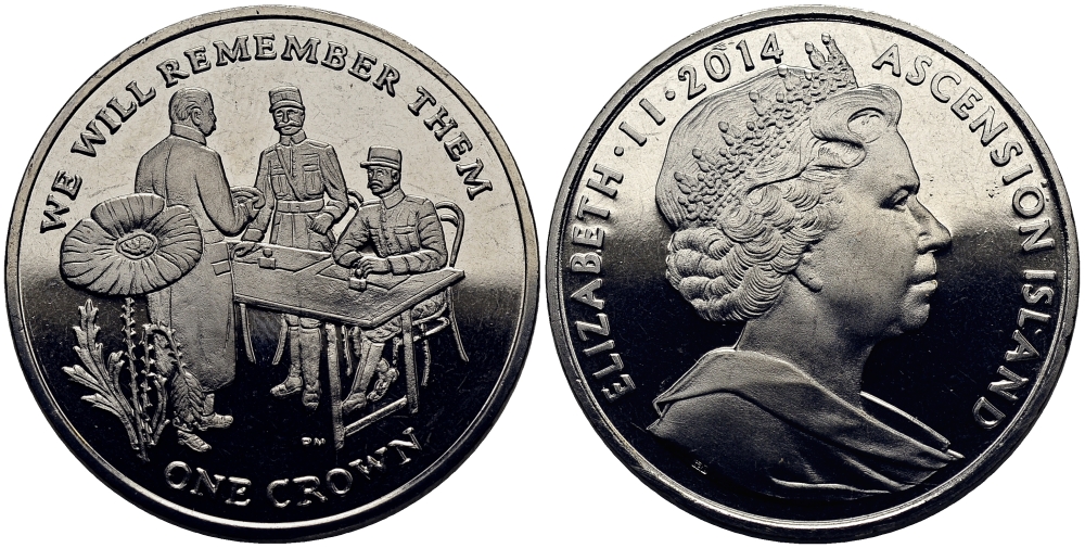 Остров Вознесения 1 крона 2014 в память героев первой мировой войны, допрос KM NEW медно-никель UNC M90-15