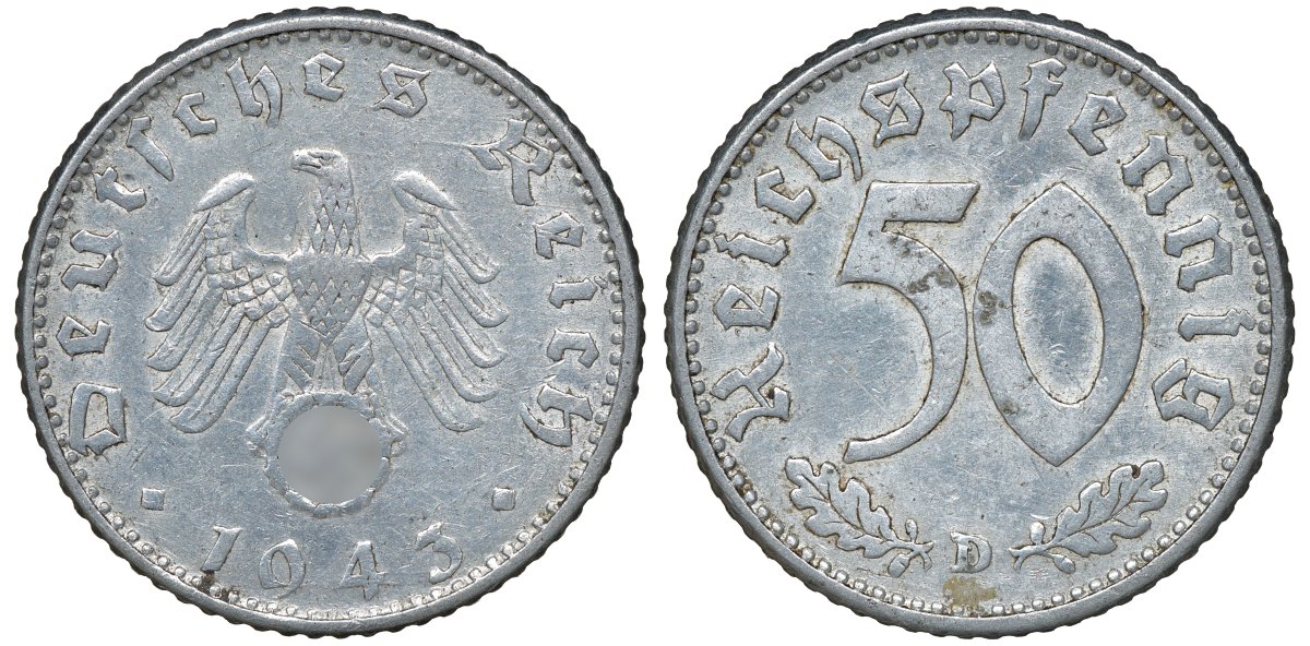 Германия 50 рейхспфеннигов 1943 D J. 372, KM 96 алюминий 72-1334