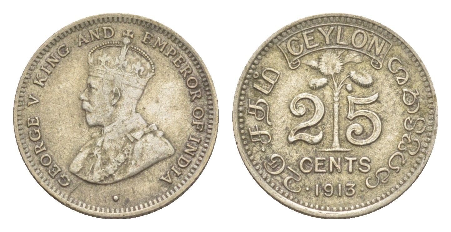 Цейлон 25 центов 1913 Георг V (1910-1936) KM 105 серебро 1516-1211
