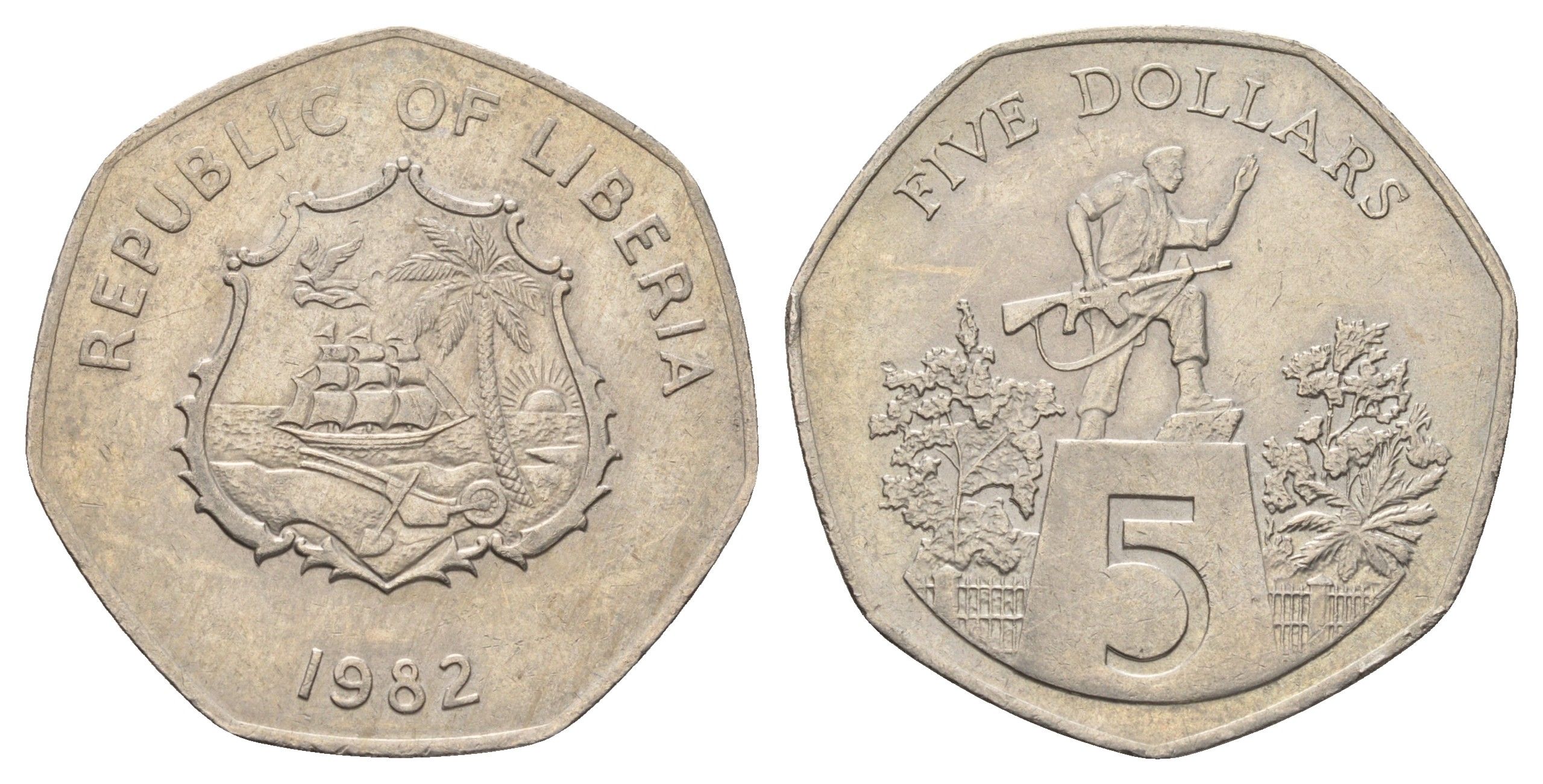 Либерия 5 долларов 1982 KM 44 медно-никель 4672-1022