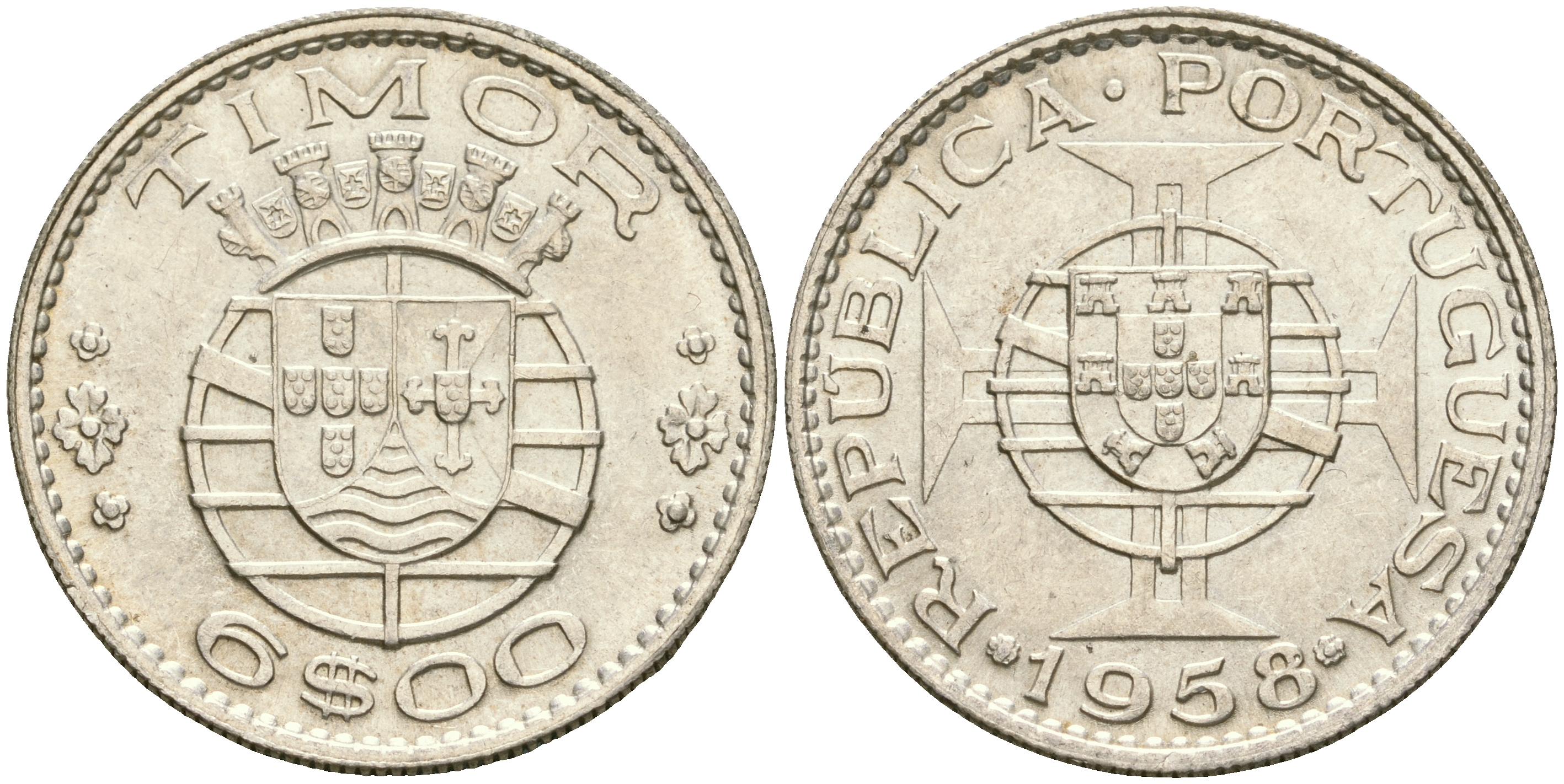 Португальский Тимор 6 эскудо 1958 год тип KM 15 серебро aUNC 4364-1647