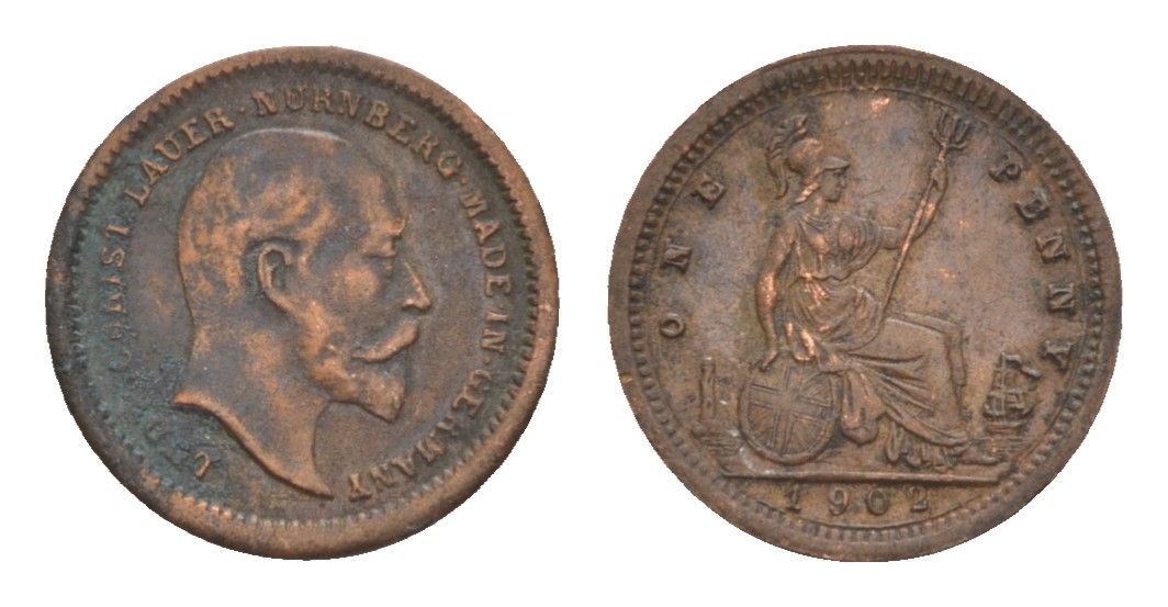 Великобритания игровой жетон в 1 пенни 1902 Эдуард VII, диаметр 12,75 мм, вес 0,61 гр бронза 4651-1166