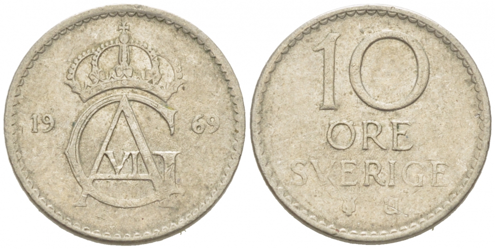 Швеция 10 эре 1969 U Густав VI Адольф (1950-1973) KM 835 медно-никель 3955-327