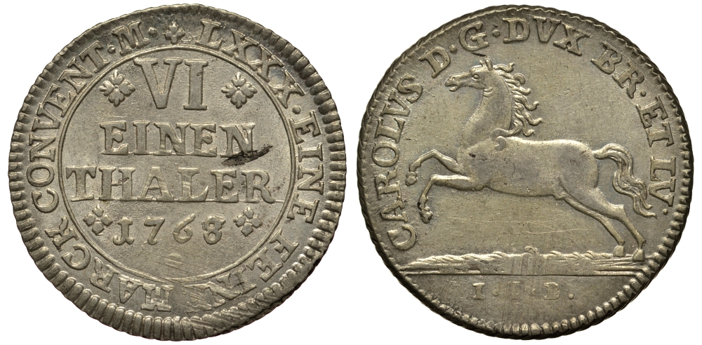 Брауншвейг-Вольфенбюттель 1/6 талера 1768 IDB, вес 5,13 гр. KM 971 серебро 413-2121