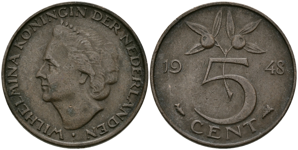 НИДЕРЛАНДЫ 5 ЦЕНТОВ 1948 ВИЛЬГЕЛЬМИНА KM 176 бронза 95-233