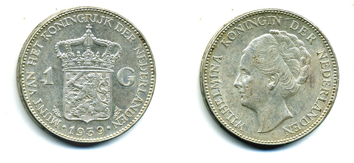 Нидерланды 1 гульден 1939 Вильгельмина (1890-1948) KM 161.1 серебро 4385-933