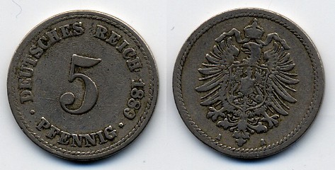 ГЕРМАНИЯ 5 ПФЕННИГОВ 1889 A, СТАРОГЕРБОВКА KM 3, J.3 медно-никель 51-5045