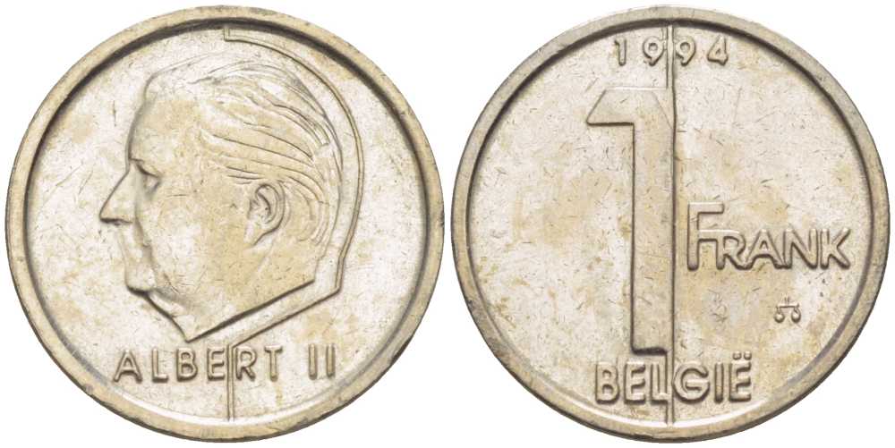БЕЛЬГИЯ 1 ФРАНК 1994 BELGIE, АЛЬБЕРТ II (1993-) KM 188 железо плакированное никелем 3851-1149