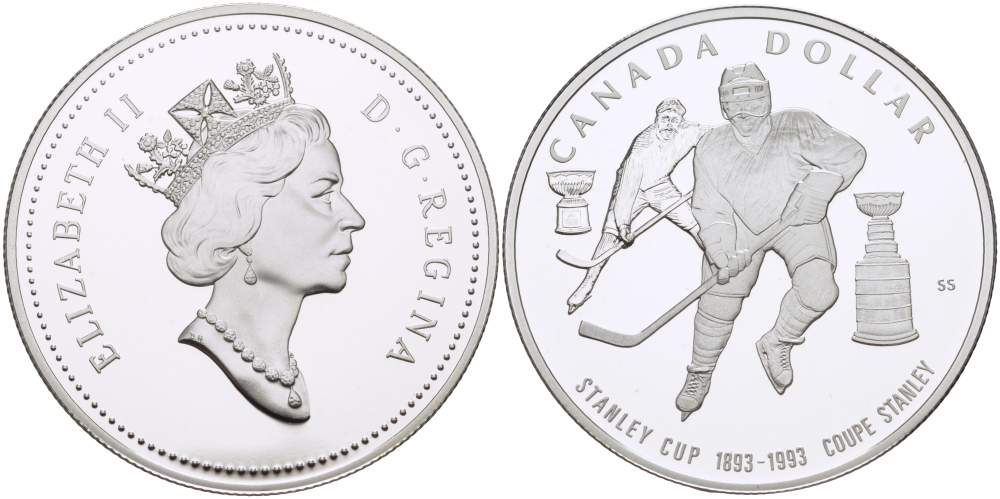 Канада 1 доллар 1993 кубок Стенли по хоккею с шайбой KM 235 серебро PROOF 1071-10-43