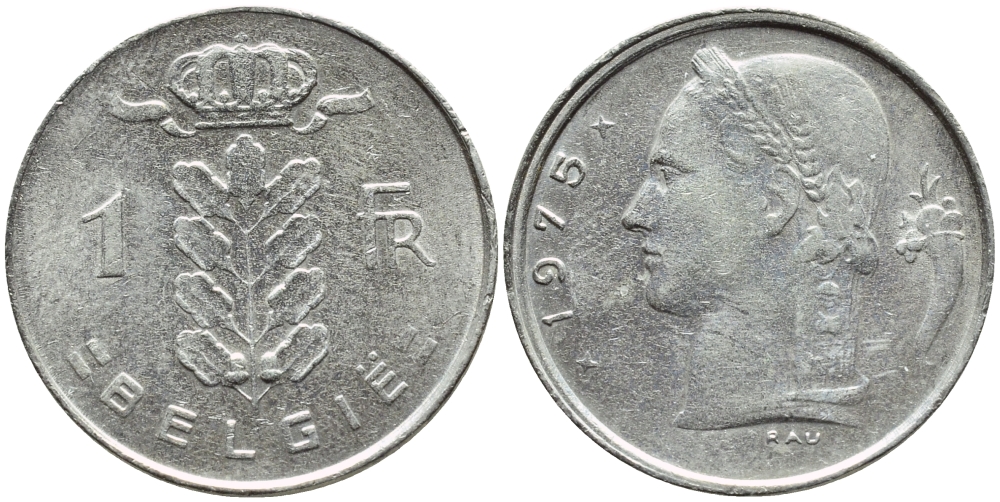 Бельгия 1 франк 1975 Belgie, Бодуэн I (1951-1993) KM 143.1 медно-никель 4381-545
