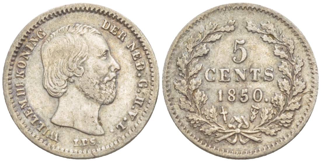 Нидерланды 5 центов 1850 Виллем III (1849-1890), точка после даты KM 91 серебро 4532-1147
