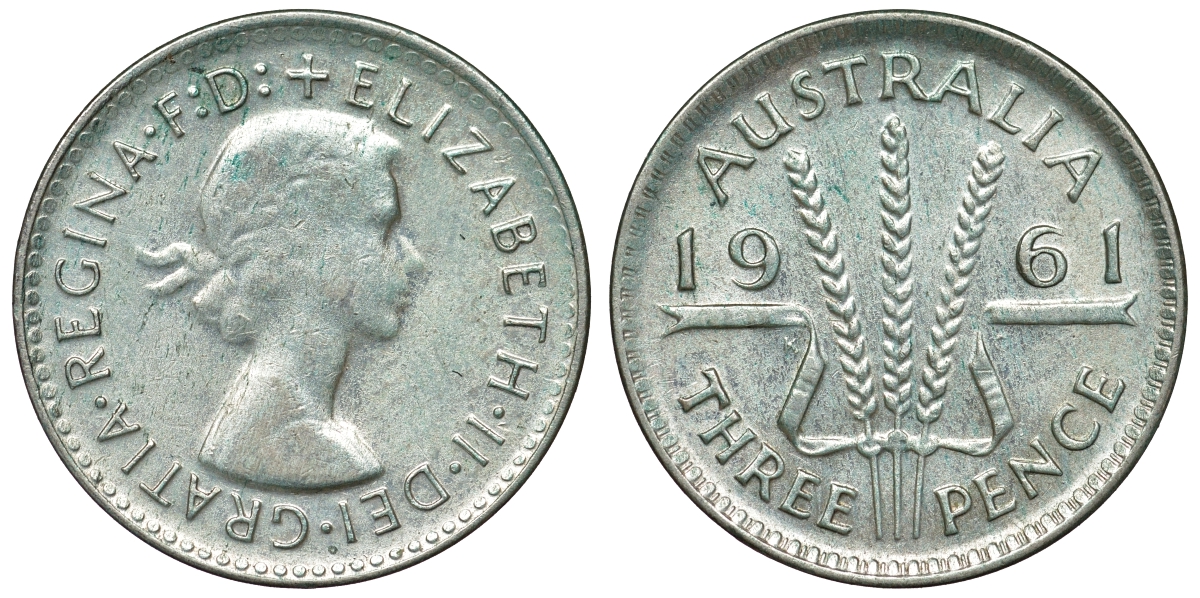 Австралия 3 пенса 1961 m, Елизавета II (1952-2022) KM 57 серебро 71-737