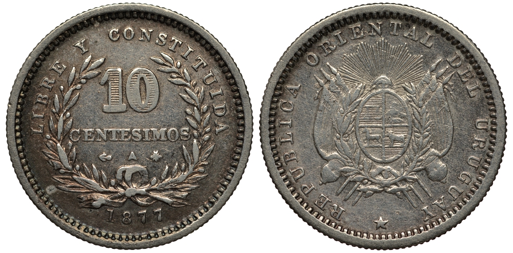 УРУГВАЙ 10 СЕНТЕСИМО 1877 А, ЯКОРЬ СЛЕВА KM 14 серебро 633-614