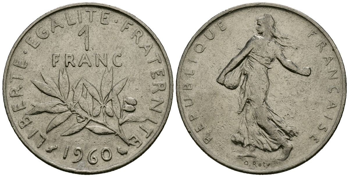 Франция 1 франк 1960 сеятель KM 925.1, Le Franc 226.4 никель 4138-253
