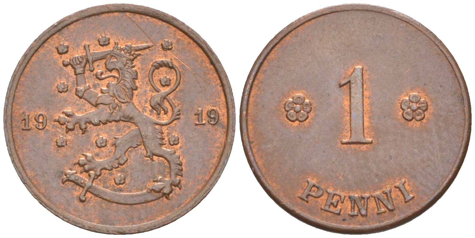 ФИНЛЯНДИЯ 1 ПЕННИ 1919 РЕСПУБЛИКА, ПЕРВЫЙ ГОД KM 23 медь 187-555