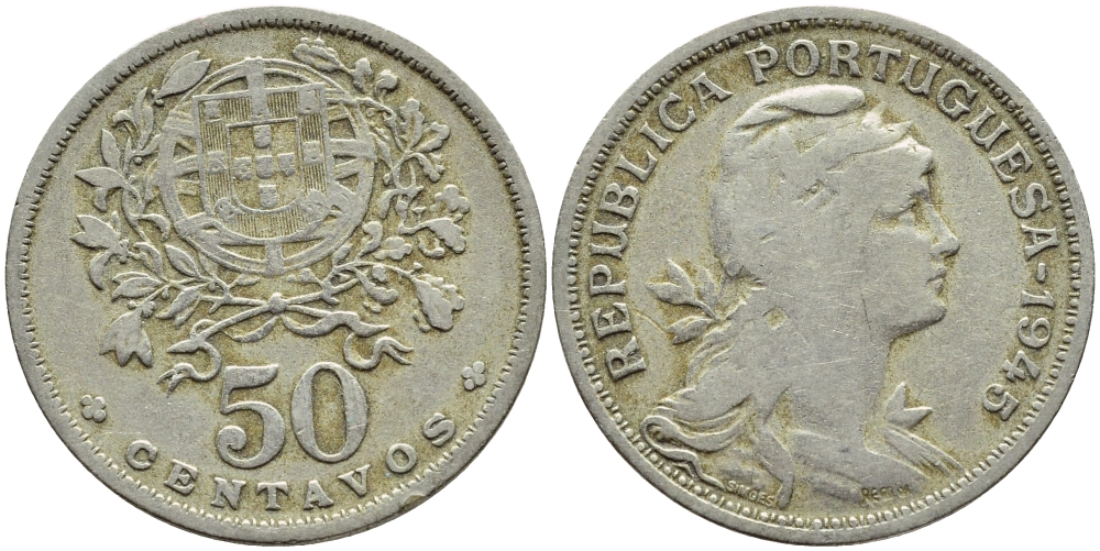 Португалия 50 сентаво 1945 KM 577 медно-никель 4395-823