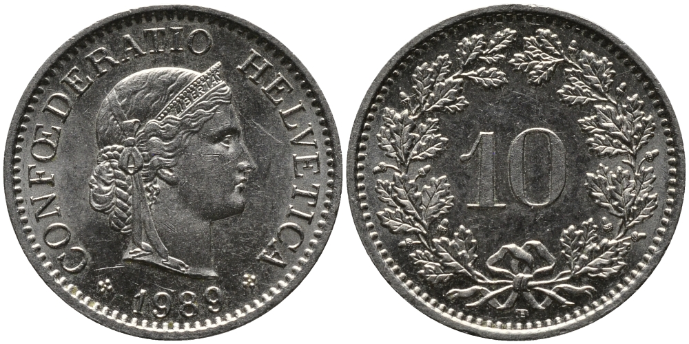 ШВЕЙЦАРИЯ 10 РАППЕНОВ 1989 В KM 27 медно-никель 33-255