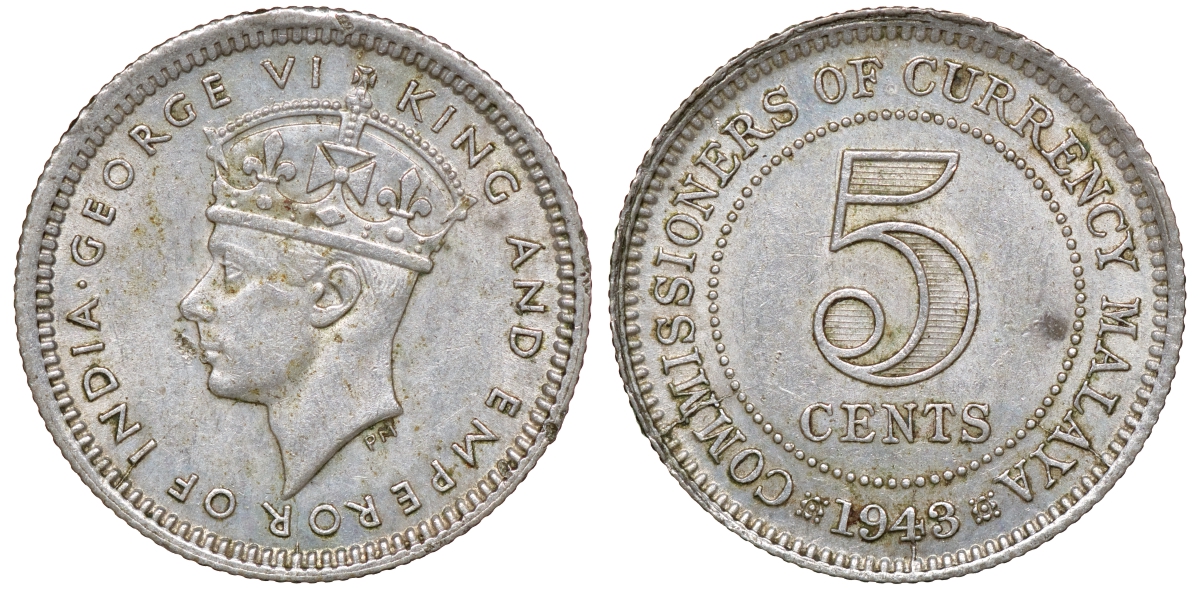 Британская Малайя 5 центов 1943 Георг VI (1937-1952) KM 3a серебро 53-134