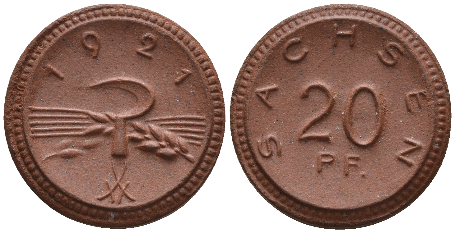 Саксония 20 пфеннигов 1921 колосья и серп J. N 53 фарфор UNC 1094-8-31