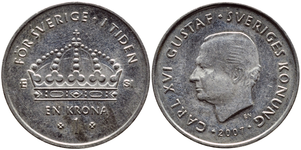 Швеция 1 крона 2007 Карл XVI Густав (1973- ) KM 894 медно-никель 176-144
