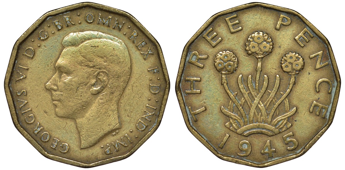 Великобритания 3 пенса 1945 Георг VI (1936-1952) KM 849, Spink 4112 никель латунь 4122-917