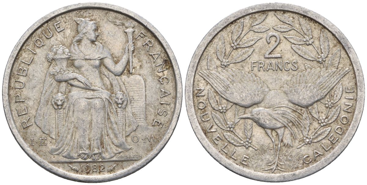Французская Новая Каледония 2 франка 1982 птица кагу, (IEOM) KM 14, Schoen 11, Lec 62 алюминий    27-534