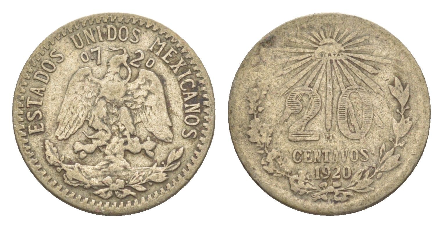 Мексика 20 сентаво 1920 KM 438 серебро 4649-533
